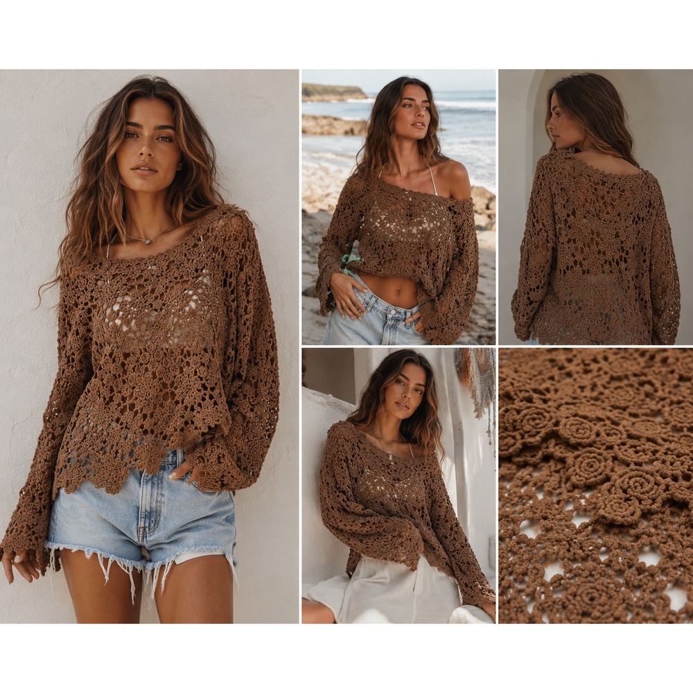 POL Cocoa Brown Floral Crochet Knit Oversized Sweater Womens Size S/M